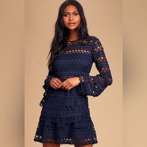LULUs Love You Lots Navy Blue Crochet Lace Flounce Sleeve Mini Dress Size Small